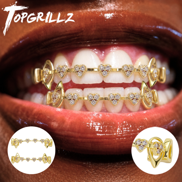 Body Jewelry Changing Kit - TOPGRILLZ ชุดกริลล์ฟันรูปหัวใจแบบกลวง ประดับเพชร CZ แบบไมโครเพฟ สำหรับฟันบนและฟันล่าง