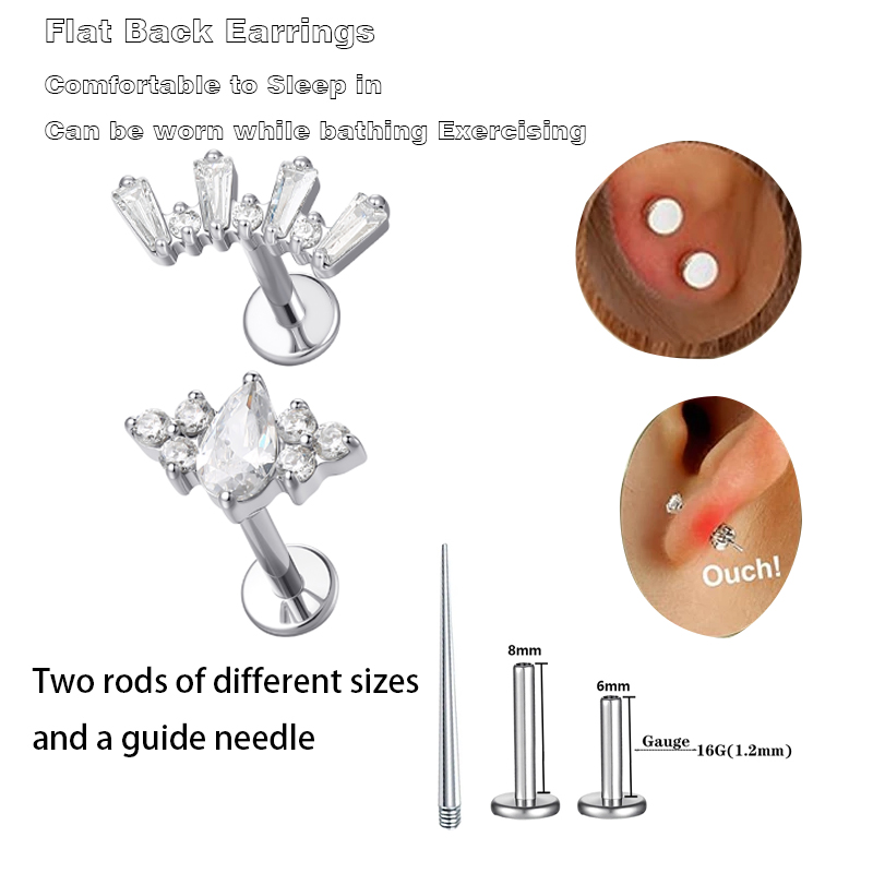 Body Jewelry Flat Back - ต่างหูไทเทเนียม ASTM 1 ชิ้น สำหรับเจาะกระดูกอ่อน แบบติดหลังแบน