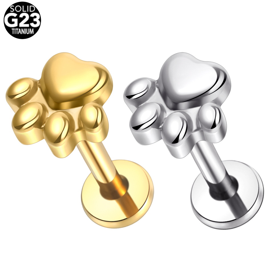 Body Jewelry Implant Grade - 1ชิ้นต่างหูเม็ดกลมพิมพ์อุ้งเท้าลูกสุนัขไทเทเนียมเกรดฝังหมุดเกลียวภายในเจาะ tragus เจาะเครื่องประดับร่างกาย