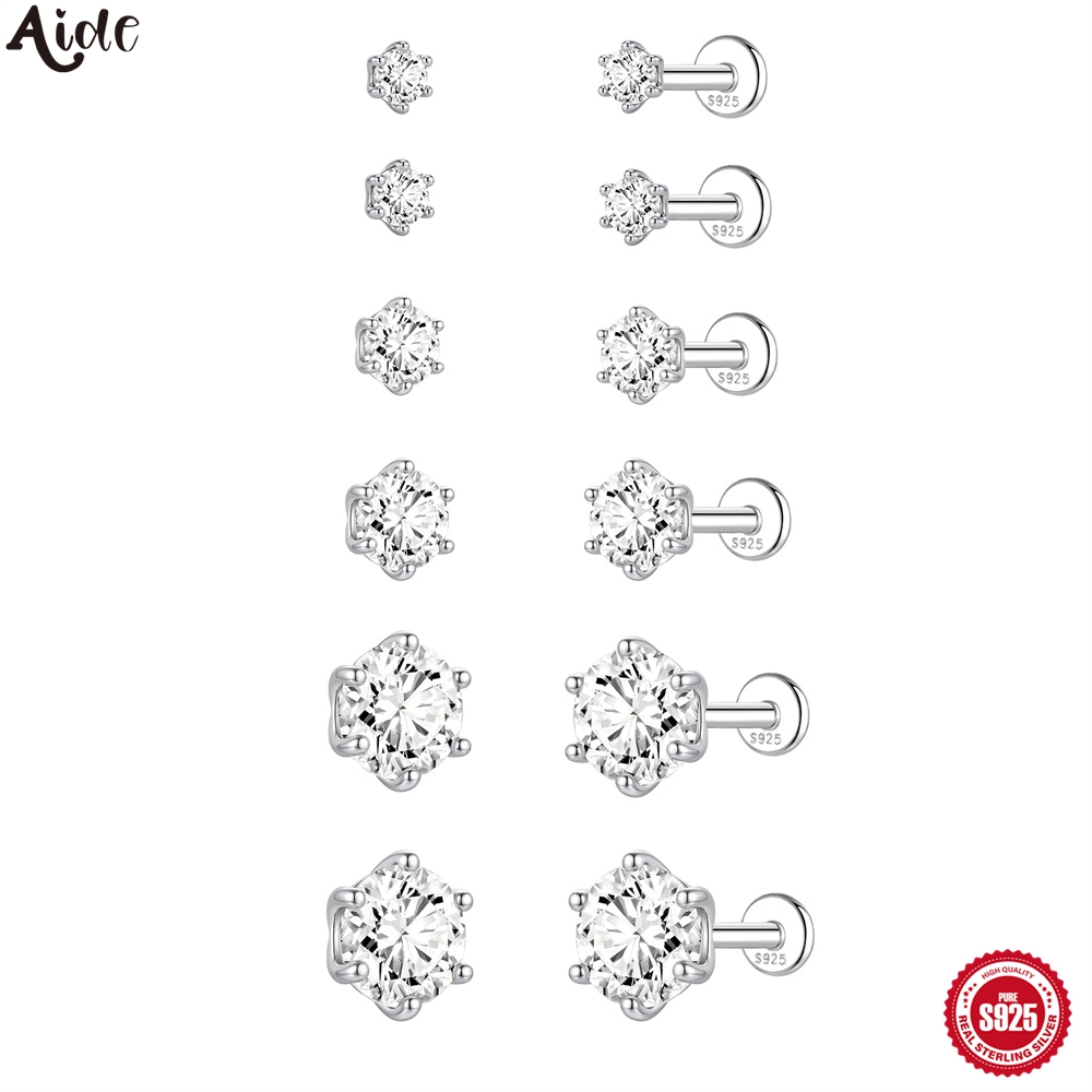 Body Jewelry Flat Back - ต่างหูเงินแท้ S925 ประดับเพชรโมอิสซาไนต์ทรงกลม 6 ไซส์ แบบติดกระดูกอ่อน