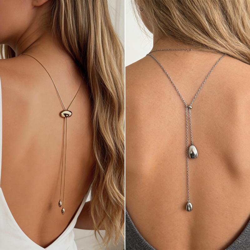 Body Jewelry For Backless Dress - ☛ สร้อยคอโซ่แบบมินิมอลรูปวงรี แบบยาว สำหรับใส่กับชุดเดรสเปิดหลัง เครื่องประดับสำหรับผู้หญิง งานแต่งงาน