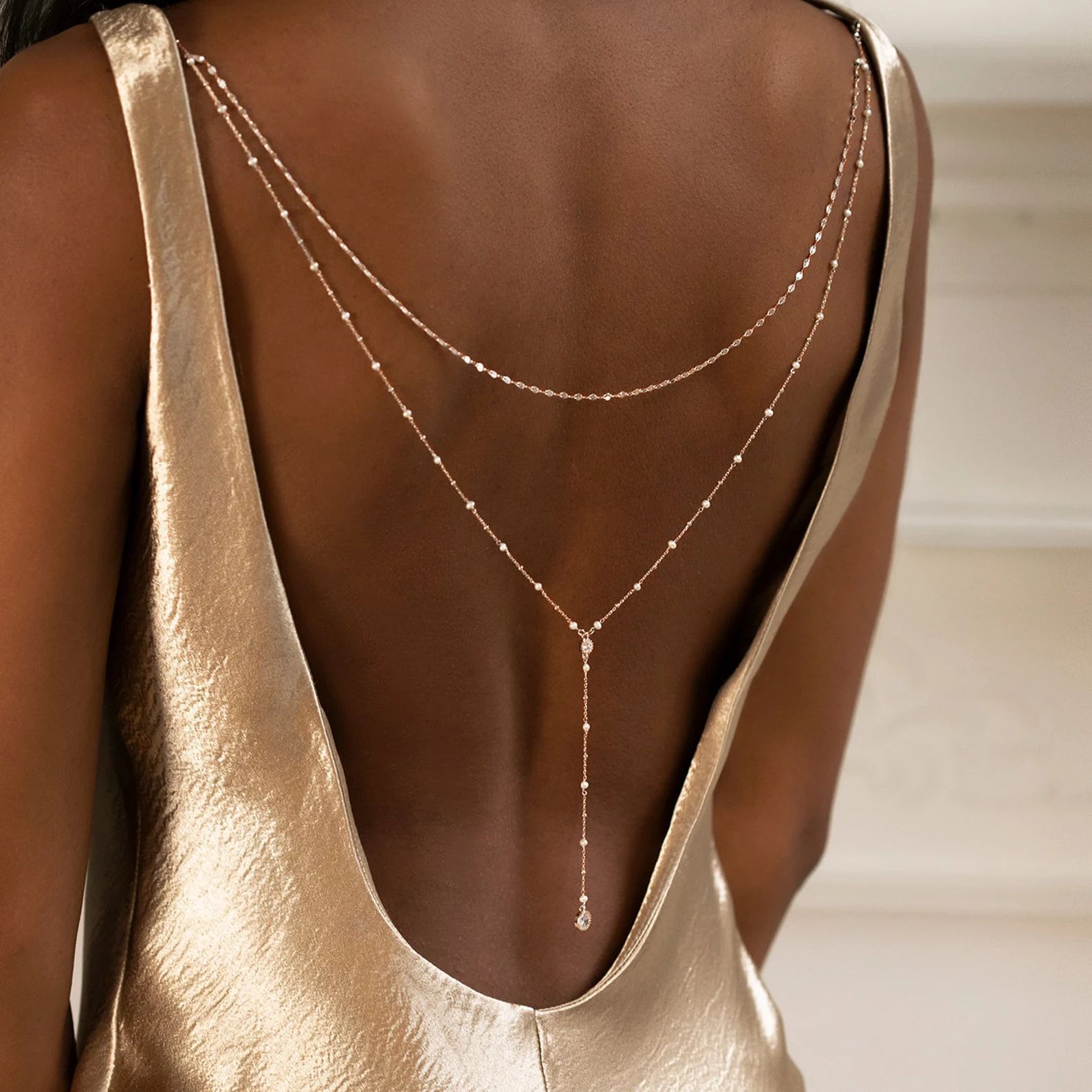 Body Jewelry For Backless Dress - สร้อยคอทองชุบประดับเพชร CZ แบบเปิดด้านหลังสำหรับผู้หญิง เหมาะสำหรับชุดเดรส งานแต่งงาน และงานเลี้ยง
