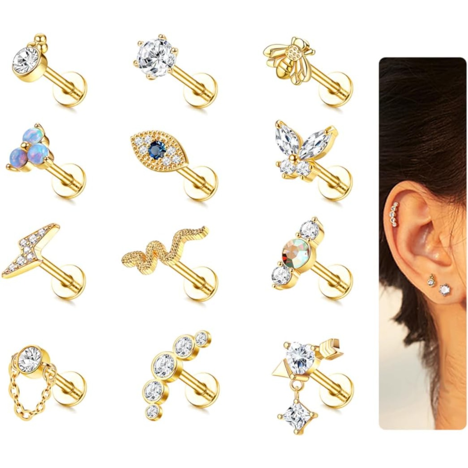 Body Jewelry Flat Back - ต่างหูแบบติดกระดูกอ่อน Bobisty 1 ชิ้น สำหรับผู้หญิง ทำจากเหล็กกล้าผ่าตัด