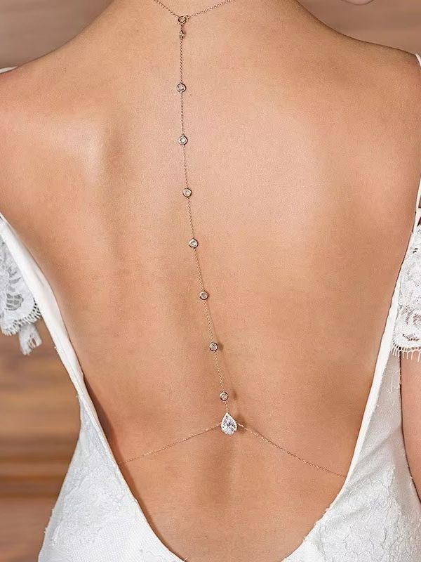 Body Jewelry For Backless Dress - สร้อยคอคริสตัลรูปหยดน้ำสีทองเงิน ประดับด้วยคริสตัลระยิบระยับ เหมาะสำหรับผู้หญิง สวมใส่กับชุดเดรสเปิดหลังในงานแต่งงาน