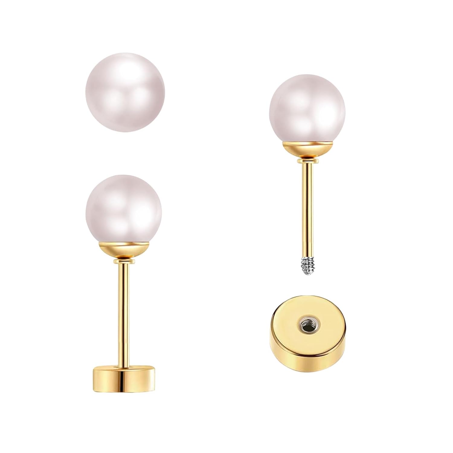 Body Jewelry Flat Back - ต่างหูมุกเม็ดเล็ก 3 คู่ แบบเกลียวหลังแบน สำหรับผู้หญิงและเด็กผู้หญิง ต่างหูเจาะแบบเหล็กผ่าตัด