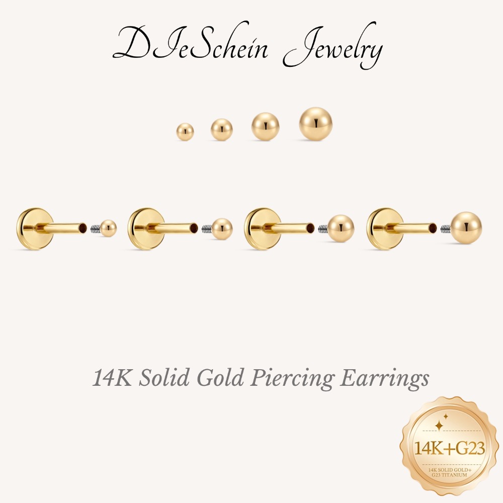 Body Jewelry Flat Back - ต่างหู DIeSchein ทองคำแท้ 14K สไตล์มินิมอลสำหรับผู้หญิง ต่างหูแบบแบนคลาสสิกสำหรับเจาะกระดูกอ่อนหู