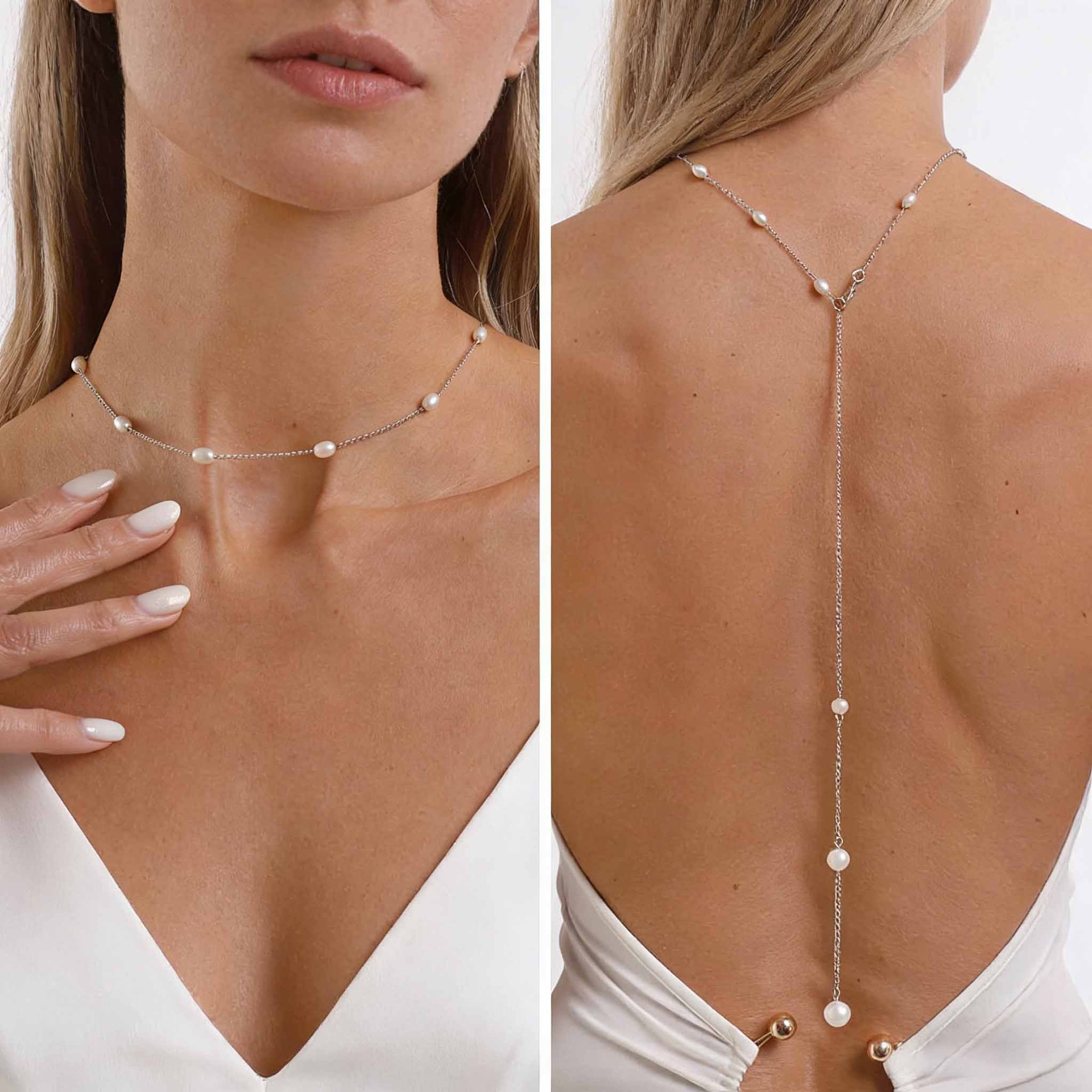 Body Jewelry For Backless Dress - สร้อยคอประดับหลังแบบหรูหรา พร้อมไข่มุกเทียม สำหรับชุดแต่งงานแบบเปิดหลัง ชุดราตรี ชุดออกงาน พร้อมสายโซ่ยาวประดับตัว