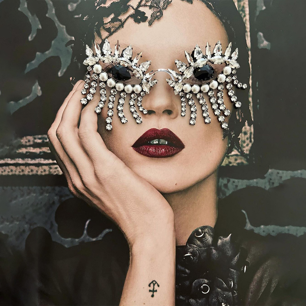 Body Jewelry Women - กรอบแก้วพู่ห้อยสำหรับผู้หญิงเครื่องประดับลูกปัดดีไซน์เนอร์ Y2k หรูหราตกแต่งหน้าแว่นตาไม่มีเลนส์คริสตัลของขวัญสำหรับเด็กผู้หญิง