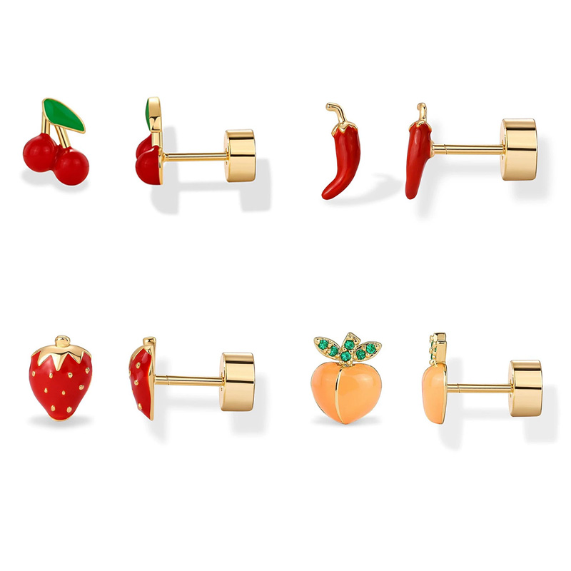 Body Jewelry Flat Back - 2pcs กระดูกอ่อนต่างหูสตั๊ดสําหรับผู้หญิงเหล็กผ่าตัดแบนต่างหู Chili สตรอเบอร์รี่เชอร์รี่ Tragus Helix