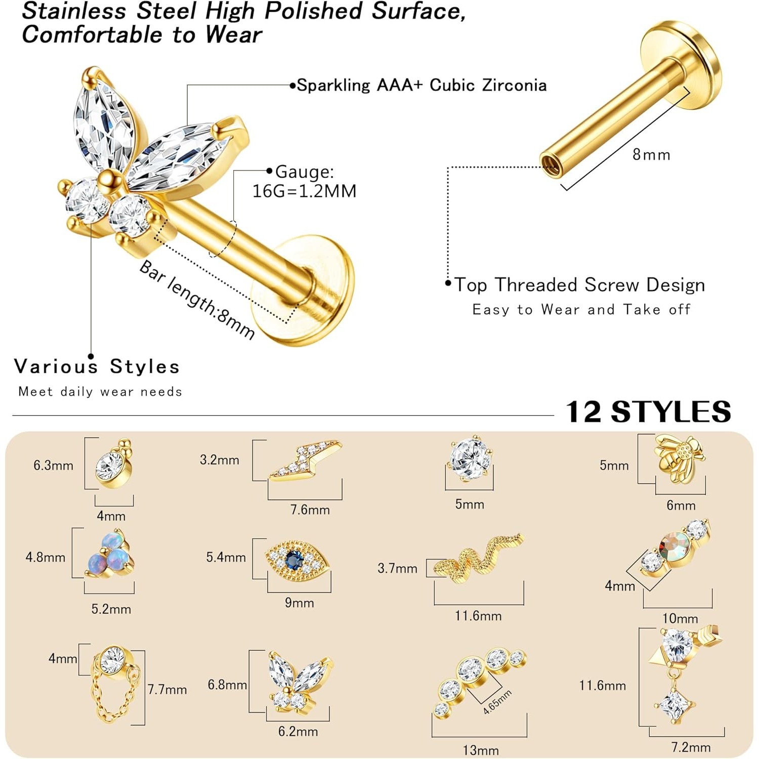 ต่างหูแบบติดกระดูกอ่อน Bobisty - Body Jewelry Flat Back บทวิจารณ์และราคา